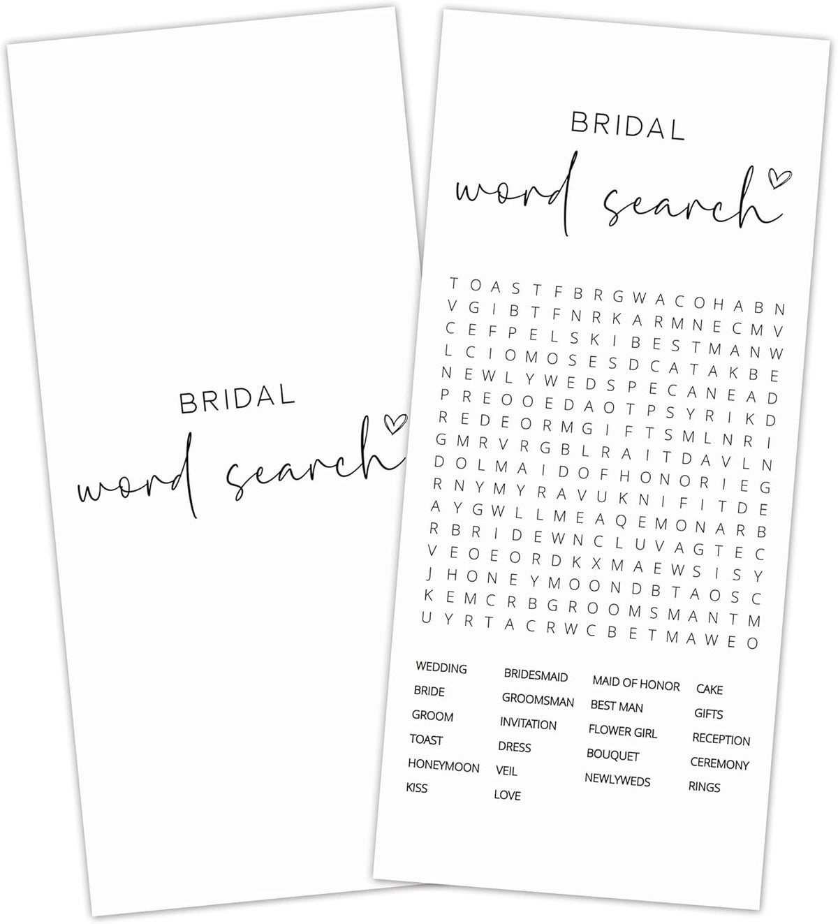 Bridal Shower Games, Word Search, 25Pcs 4x9inch Minimalist White Double-Sided Bridal Game Cards with 1 Answer Key, Wedding Shower Games for Guests, Engagement Bachelorette Party Supplies - A05