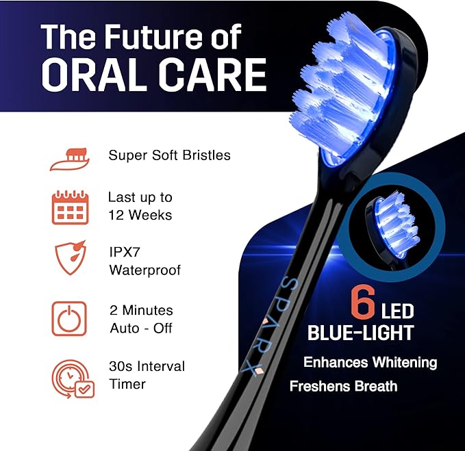 SPARX Electric Toothbrush for Teeth Whitening, Gum Care, & Polishing, Light Therapy Technology for Whiter Teeth & Healthy Gums, Rechargeable, Black
