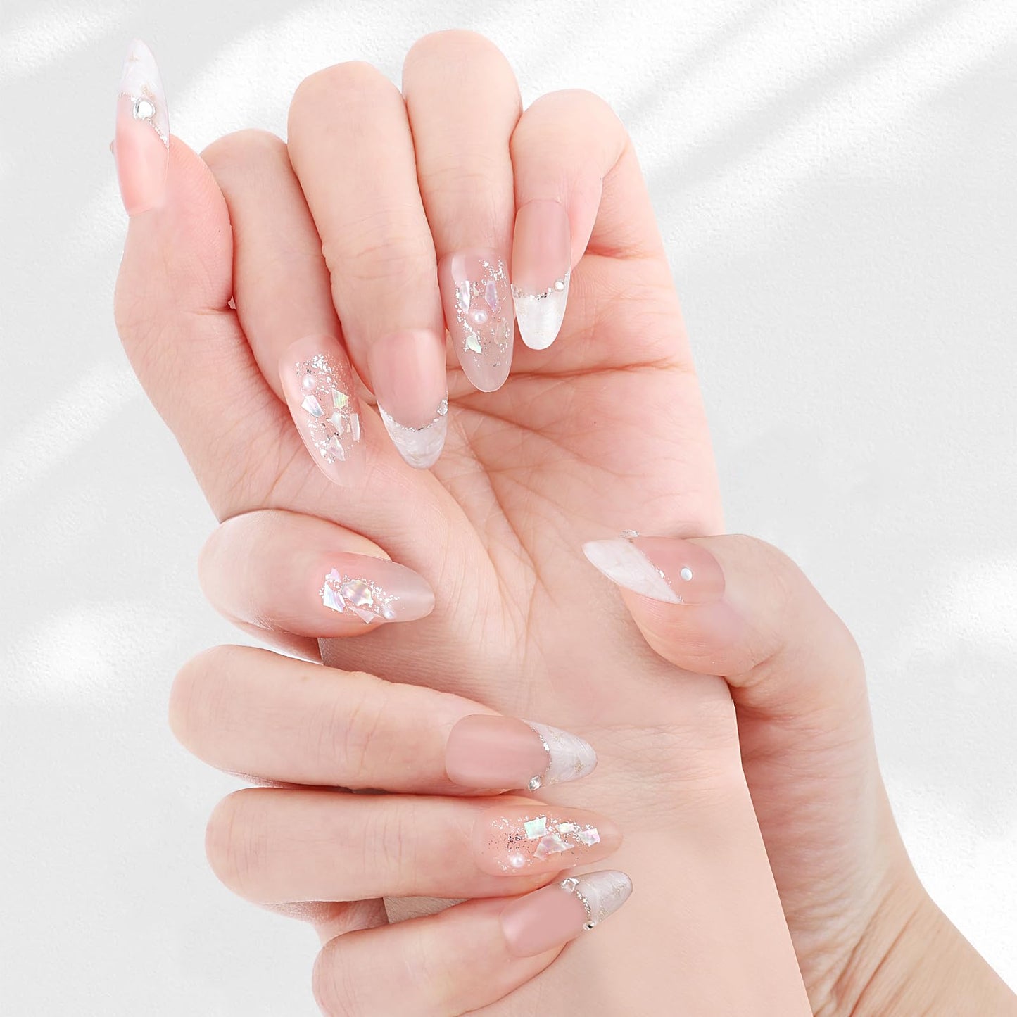 Yacey Handmade Press on Nails Short Almond, Reusable False Nails Press Ons, Shell Texture French Tip Thick Acrylic Fake Nails, 3D Artificial Bling Glossy Glue on Nails for Women Girls (10 Pcs, M)