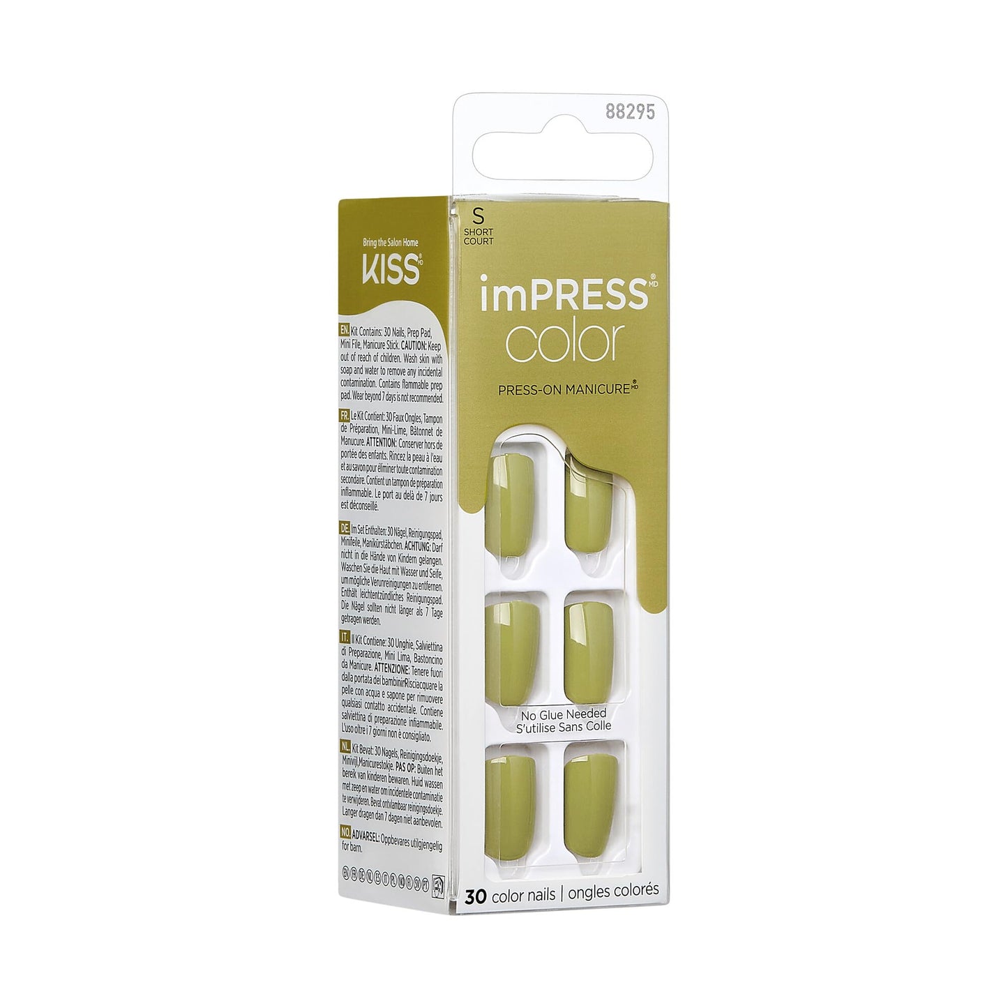 KISS Impress Color No Glue Mani 30 Pcs Press on Nails, Olive Green, Short Size, Squoval Shape, Simple Peel & Press Easy Apply, Hassle-Free Removal, Essential Tools Included