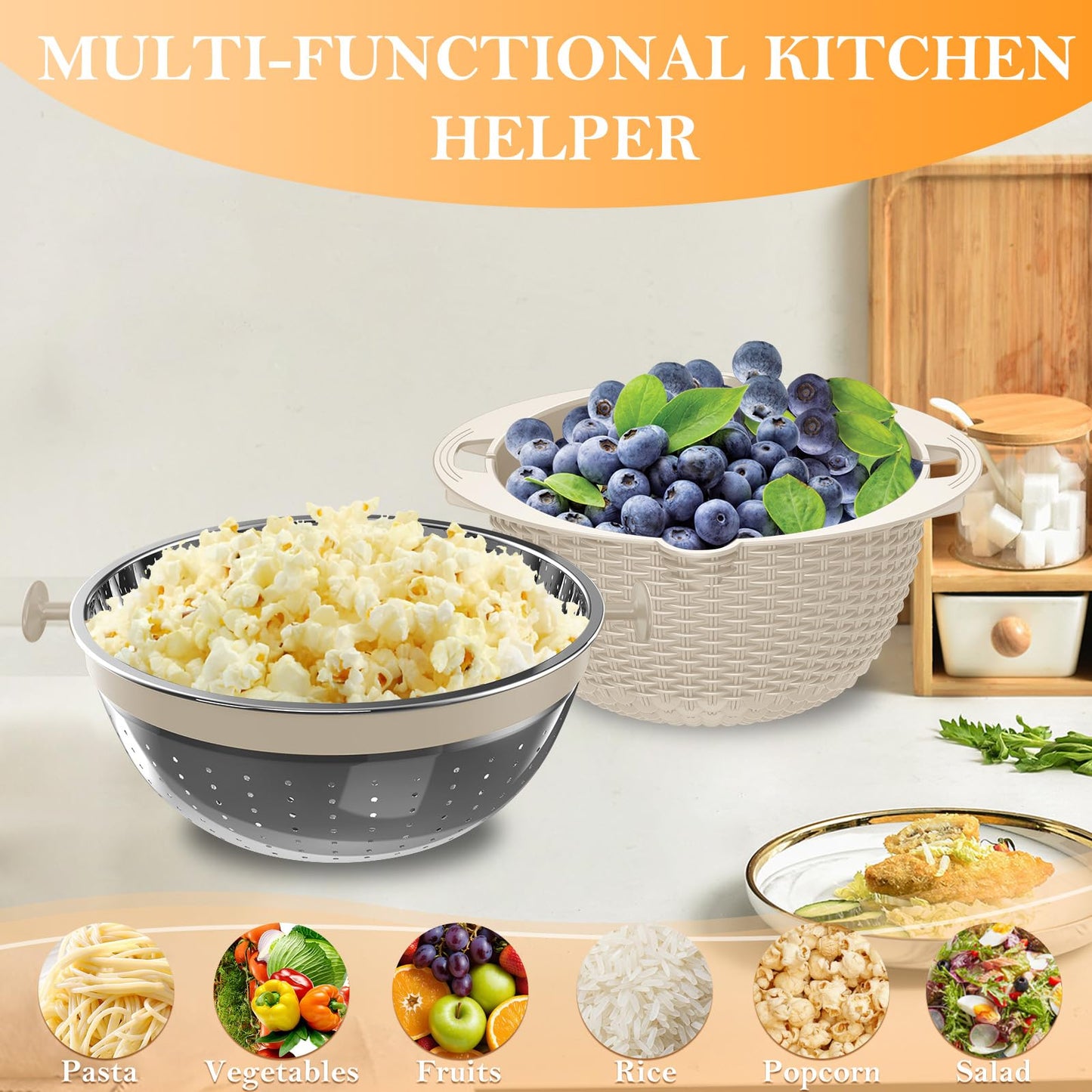4-1 Colander with Bowl Set, Food Strainers and Colanders, Fruit Washing Bowl with Strainer, Rotatable Colander for Kitchen, Aesthetic Kitchen Gadget, Christmas & New Year Gifts - Beige