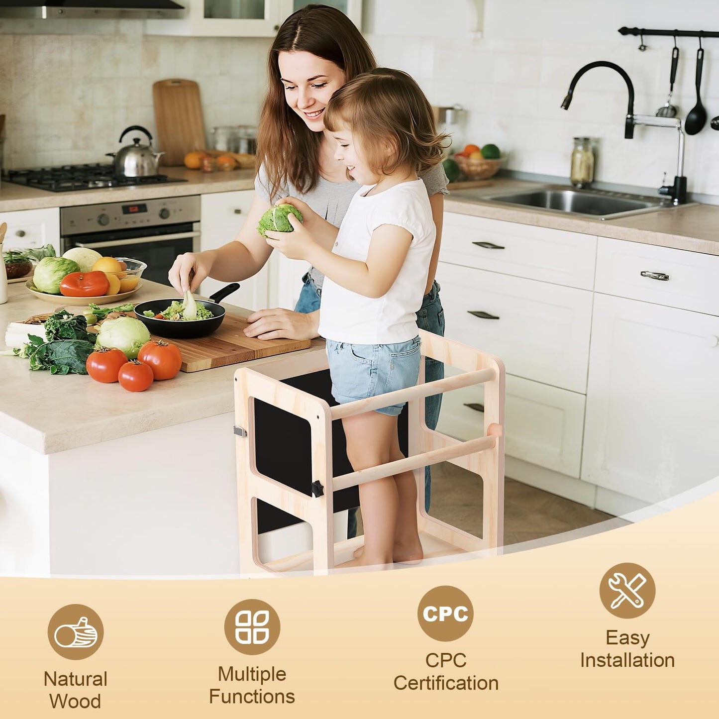 Toddler Kitchen Step Stool, 4-in-1 Foldable Standing Tower with Blackboard, Toddler Step Stool for Bathroom Sink, Kitchen Counter, Ages 18 Months+, 1-3 Year Old Boy Girl Gifts