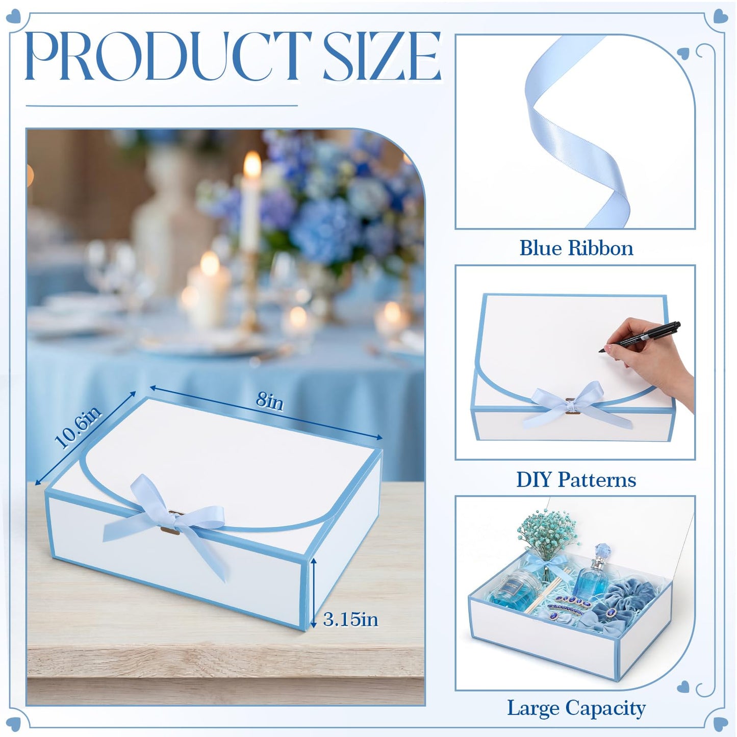 Silkfly 12 Pcs Bridesmaid Proposal Box with Ribbon, 10.6 x 8 x 3.15 Inch Gift Boxes with Lids Paper Gift Boxes for Wedding Baby Shower Birthday Party Present Packaging(White,Blue)