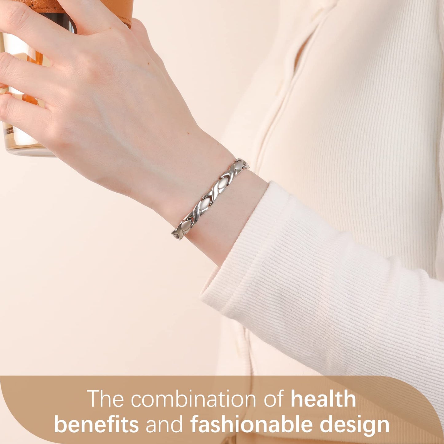 Feraco Magnetic Bracelet for Women Titanium Steel Magnetic Therapy Bracelet with Neodymium Magnets, Unique X Shape Links (Silver)