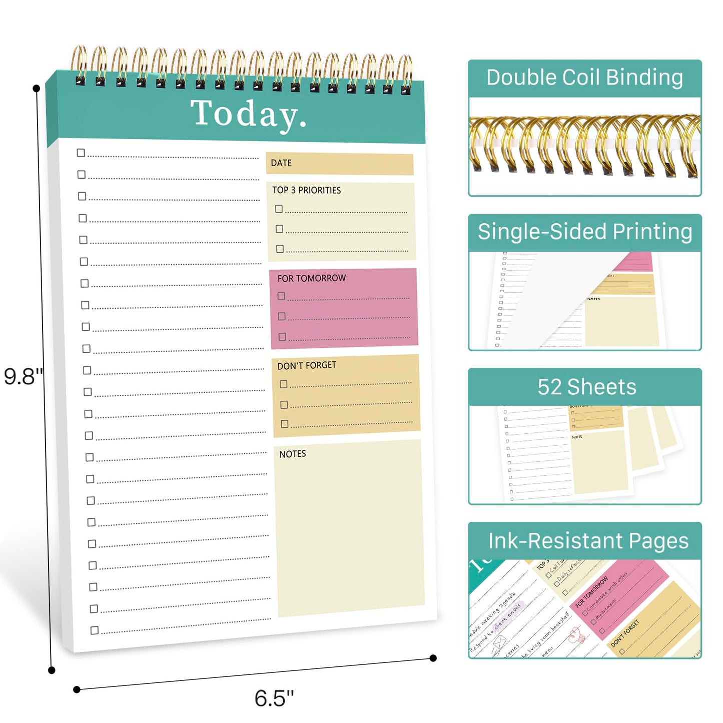 CICPAP To Do List Notepad - To Do List Notebook for Work with 52 Sheets, Undated Daily Planner Perfect for Enhanced Productivity and Goal Achievement - Green Pink