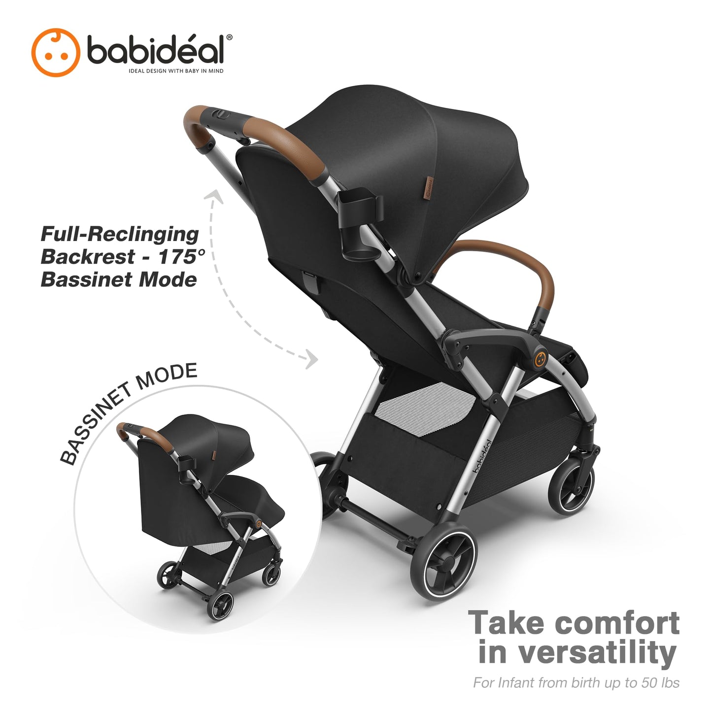 Babideal Lightweight Travel Stroller for Baby, Self-Folding Toddler Stroller with Large Canopy, Full-Reclining Seat, Cup Holder Included - Newborn to 50lbs. (Black)