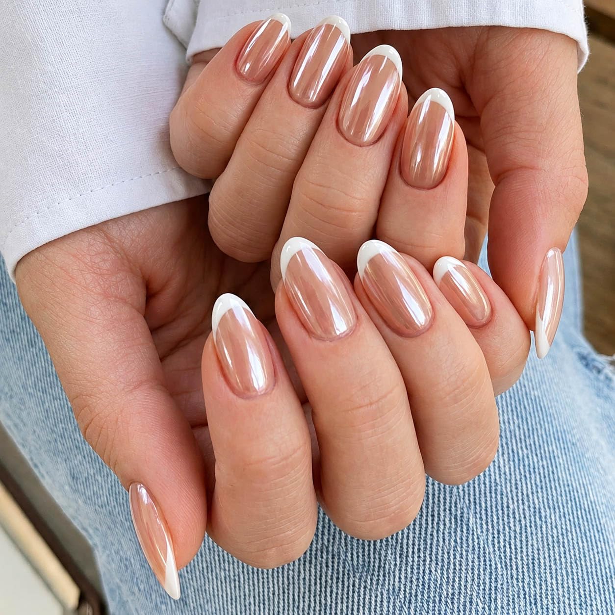 evpct French Tip Press On Nails Medium Almond, Nude Brown + White Tips, Chrome Glazed Medium Almond Fake False Press on Nails, Soft Gel Stick on nail Press ons Nail Kit, Reusable Salon Quality