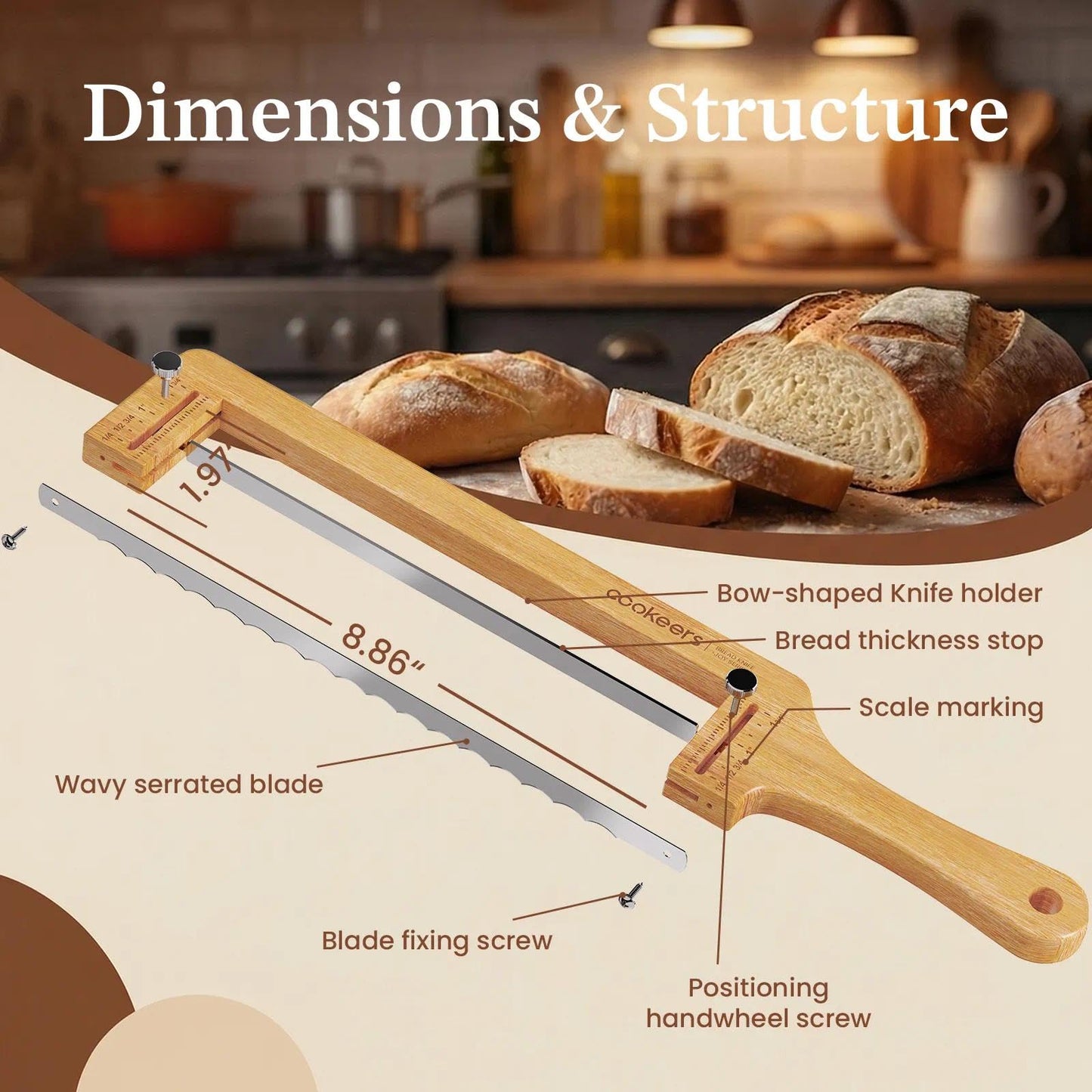 COOKEERS Adjustable Sourdough Bow Bread Knife – Large Bread Slicer for Homemade Bread with Serrated Stainless Steel Blade&Precision Thickness Guide, Even Slice Cutter for Baguettes, Bagels.