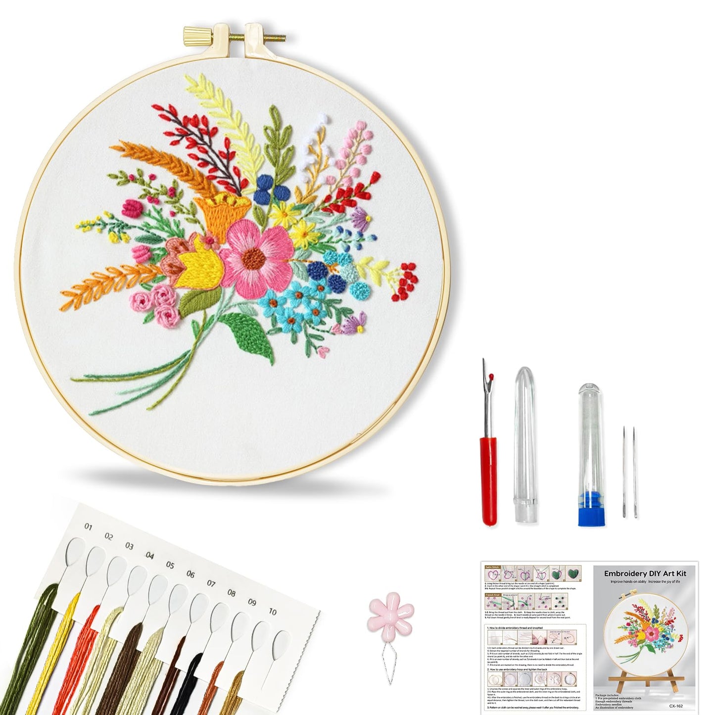 Huacan Embroidery Kit for Beginners Flower Pattern Printed Fabric with Hoop & Full Tools