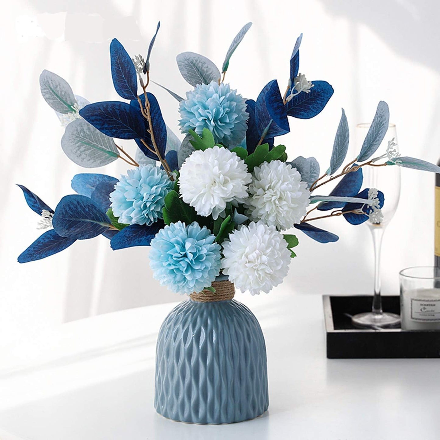 NAWEIDA Artificial Flowers with Ceramic Vase Faux Hydrangea Flower Arrangements Table Centerpieces for Home Garden Party Wedding Decoration