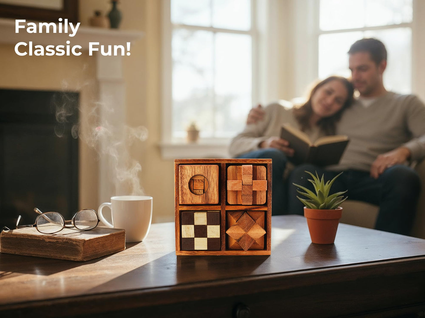 BSIRI Wooden Puzzle Box Set (4 Games) - Challenging Brain Teasers 3D Puzzles for Adults Interlocking Games for IQ Test Ideal for Rustic Patio Decor Unique Gift for Christmas and Birthdays
