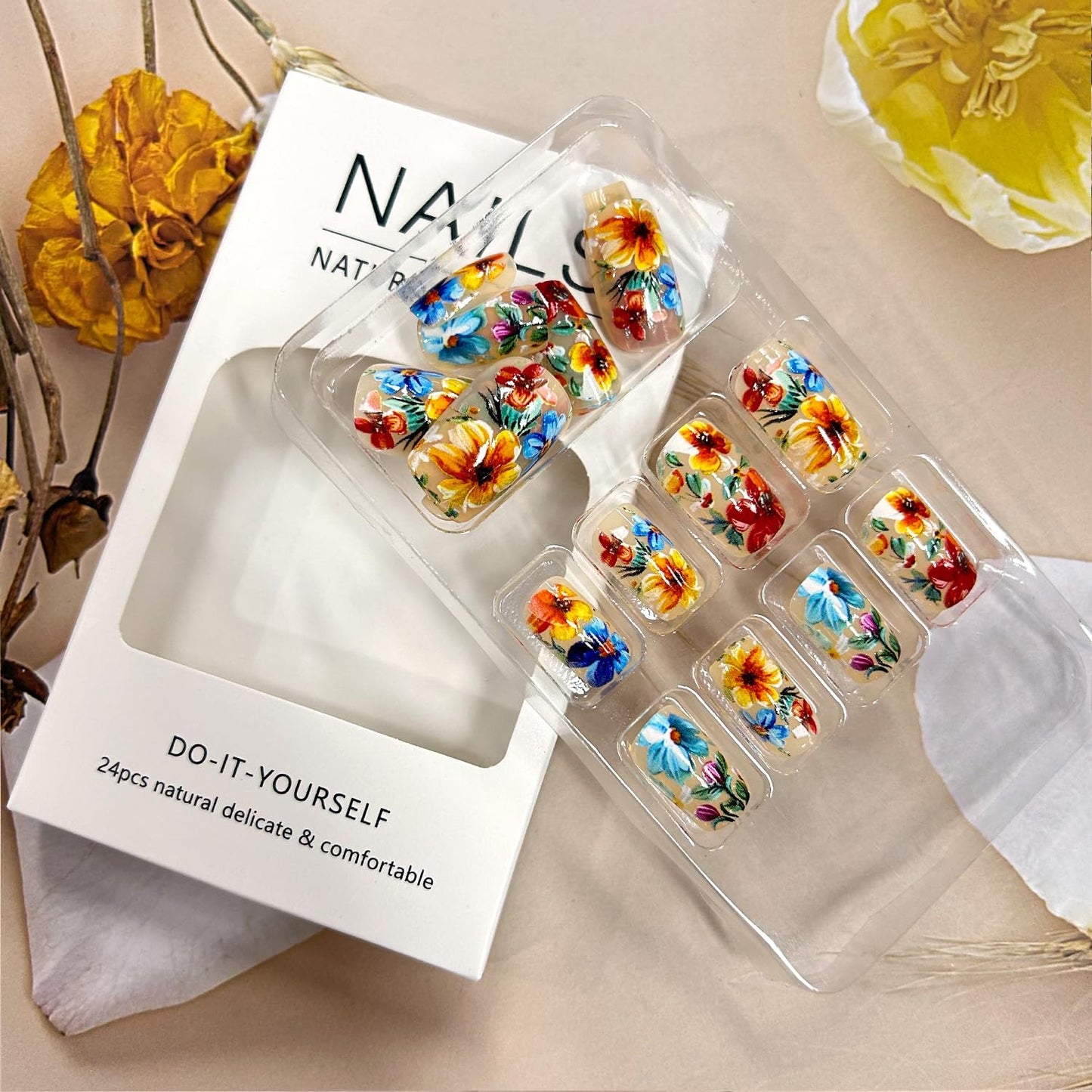 Flower Press on Nails Medium Length Spring Fake Nails Square Nails Colorful Floral Pattern Design Full Cover Glossy Acrylic Nails Artificial Coffin Nails Flower Stick on Nails Glue on Nails for Women