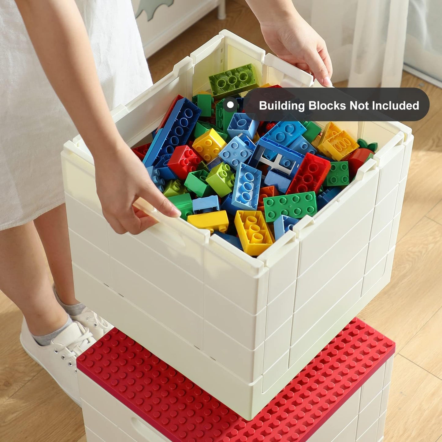 SHIMOYAMA Collapsible Storage Box with Building Baseplate Lid for Duplo Blocks, 26 Qt. Stackable Bricks Storage Bins for MEGA BLOKS, 25L Folding Utility Container for Lego Duplo Bricks, Red