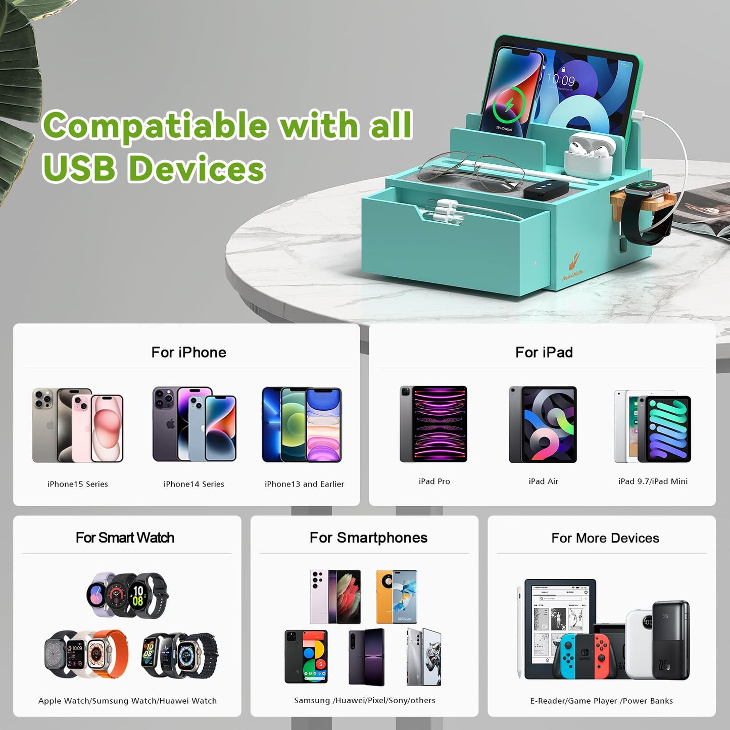 Pezin & Hulin Bamboo Charging Station for Multi Device, with Power Charger & Cables, Nightstand Docking Stand with Felt Pad Tray & Drawer, Compatible with Tablet, Cell Phone, Smart Watch-Teal