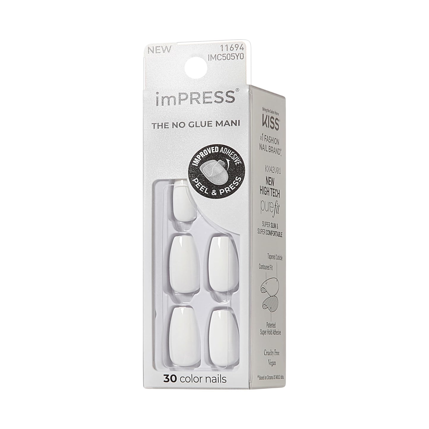 KISS Impress No Glue Mani 30 Pcs Press on Nails, Medium Coffin False Nails, Solid Pure White Stick on Extensions, Peel & Press Easy Apply, Hassle-Free Removal, Includes Manicure Stick, Prep Pad & File