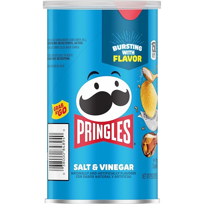 Pringles Potato Crisps Chips, Lunch Snacks, On-The-Go Snacks, Grab n' Go, Salt and Vinegar (12 Cans)