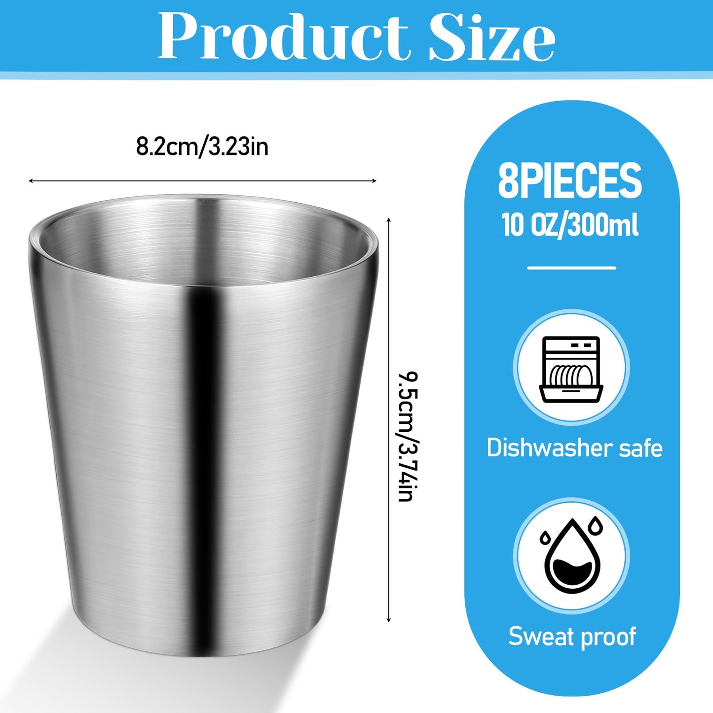 Oqqlin 8 Pcs 10 Oz Stainless Steel Cups, Metal Double Wall Vacuum Tumbler Silver Stackable Unbreakable Drinking Glasses for Party, Camping, Home, BBQ
