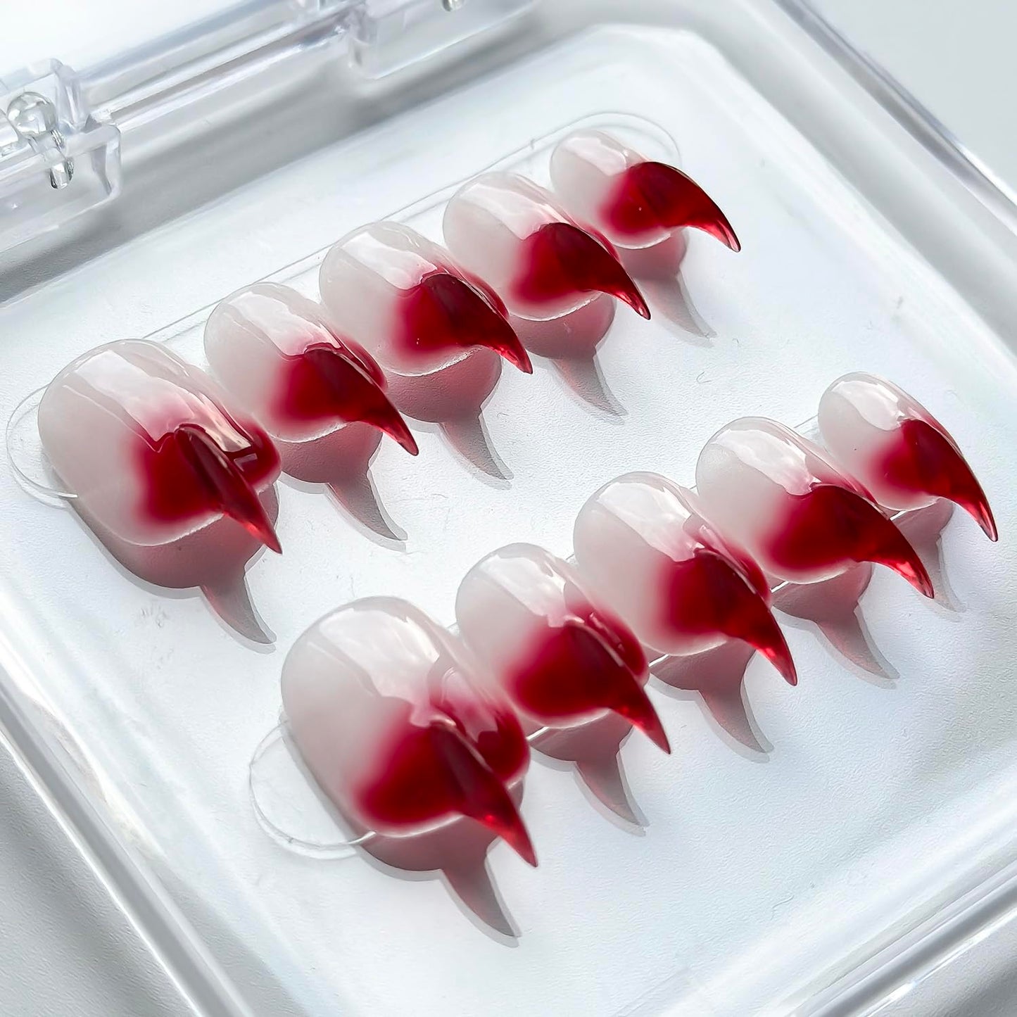 Halloween Press on Nails Luxury Short Stiletto Handmade Cat Claw Unique Reusable ABS Material Red Fake Nails Eagle Claw False Nails Gradient Glossy Glue on Nail Curved Thick Acrylic Nail(M)
