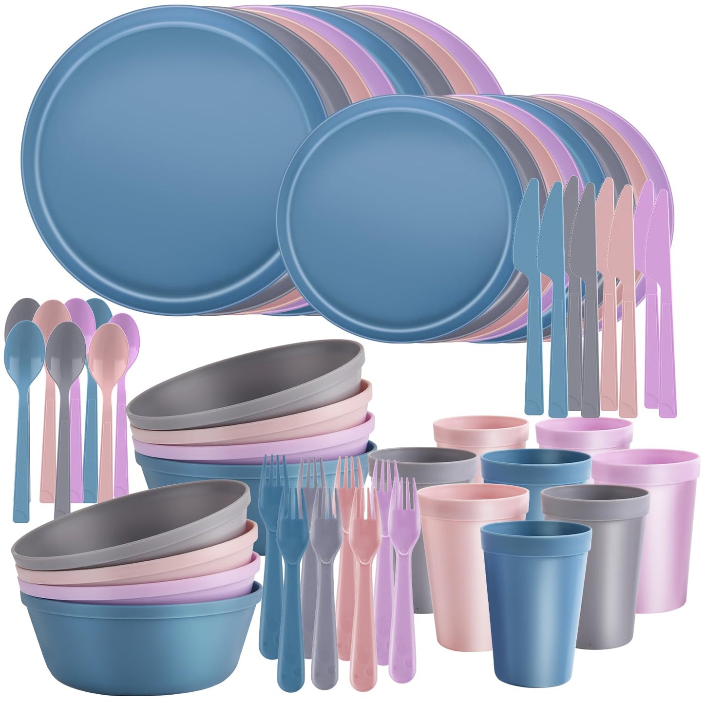 ZIVONA 40 Piece Apartment Essentials Dinnerware Set, Stackable Space-Saving Plates & Large Flat Bowls (Pasta/Salad), Modern Matte Unbreakable Plastic Dishes, Microwave Safe, Pastel