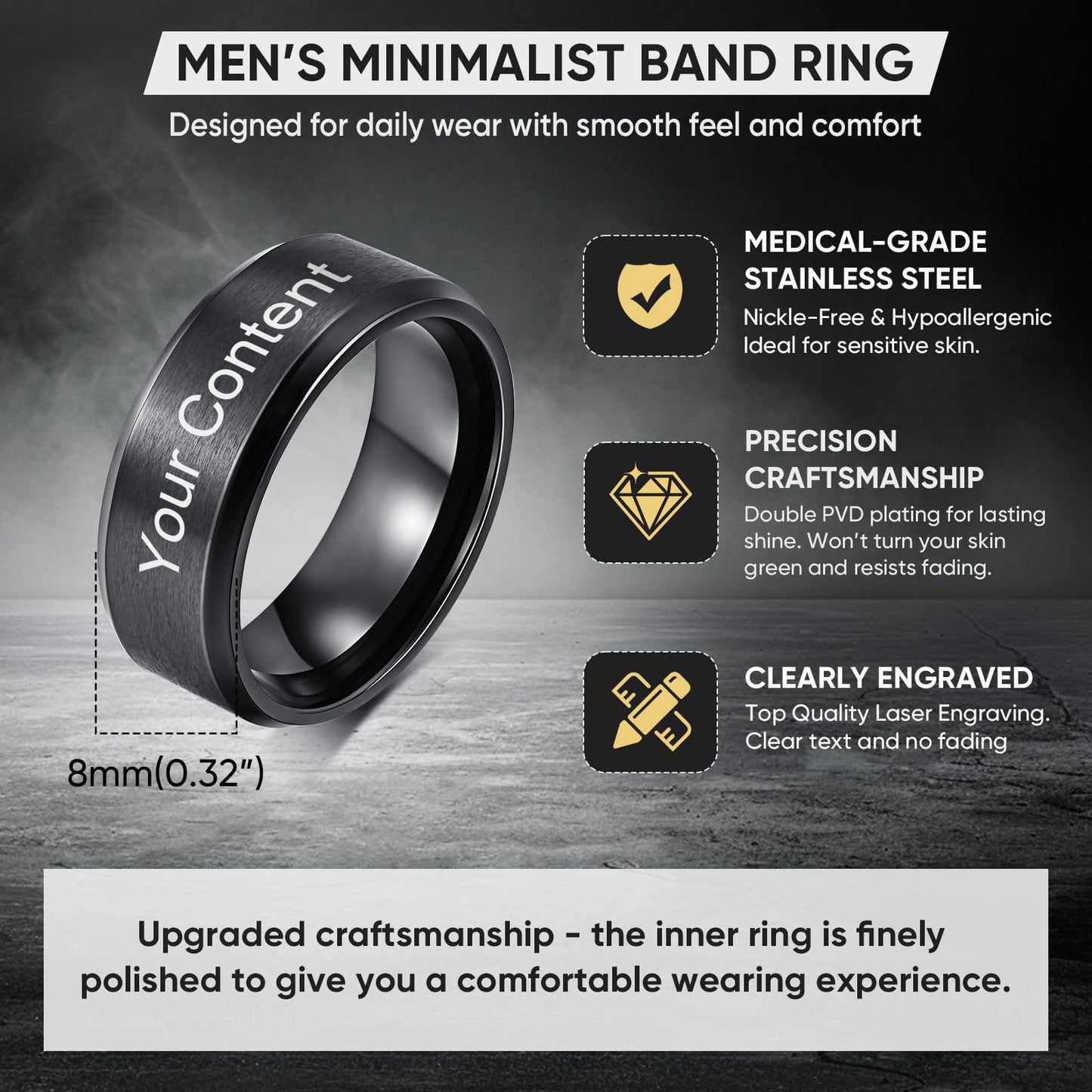 VNOX Customize Personalized Name Date 8MM Stainless Steel Simple Matte Brushed Finish Wedding Band Engagement Rings for Men Dad Husband,Size 7