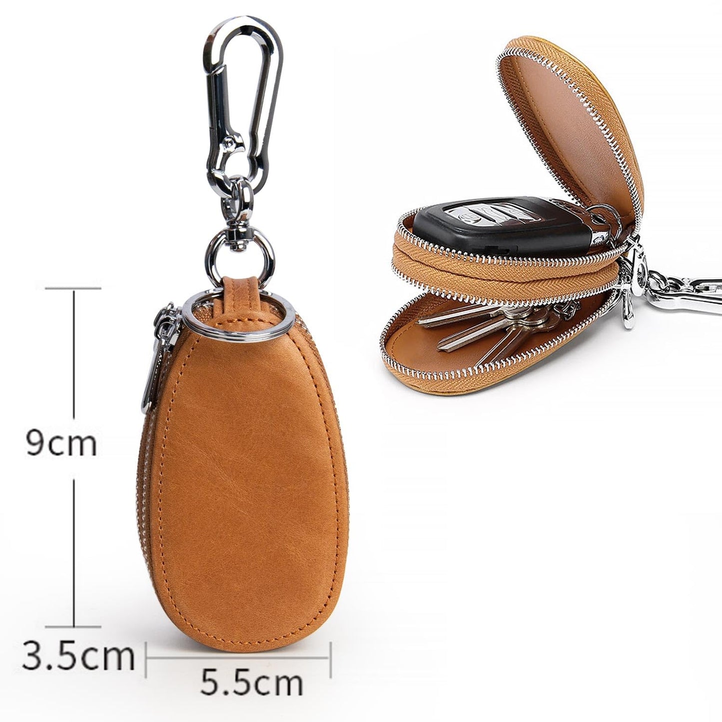 UVKDEENK 2 Pack Mens Vintage Key Case, Retro Genuine Leather Car Key Fob Holder, Key Organizer with Metal Hook Keyring, Double Zipper Key Coin Bag Coffee Brown