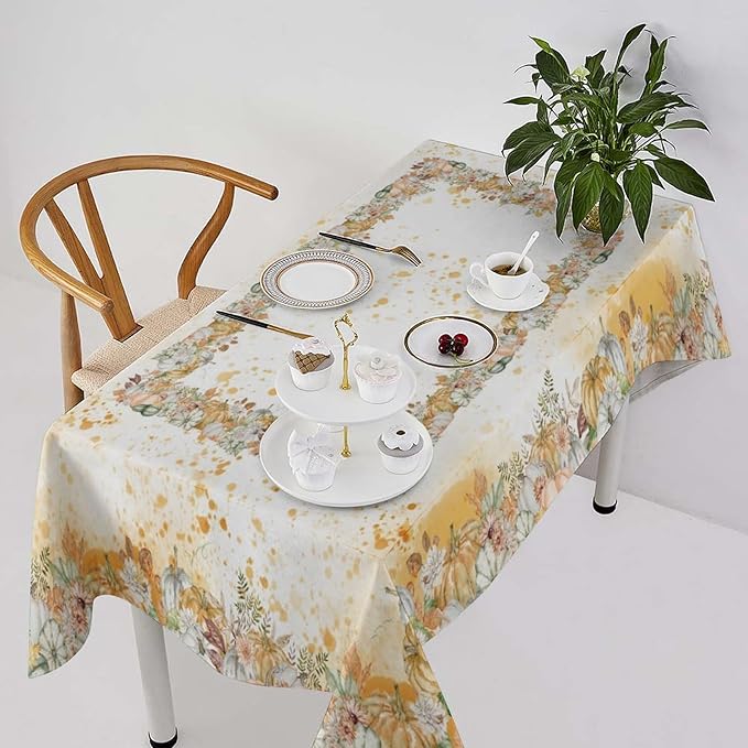 YCness Fall Tablecloth Thanksgiving Autumn Harvest Orange Watercolor Pumpkin Leaves Table Cover for Party Picnic Dinner Decor 55x55 Inch Rectangle