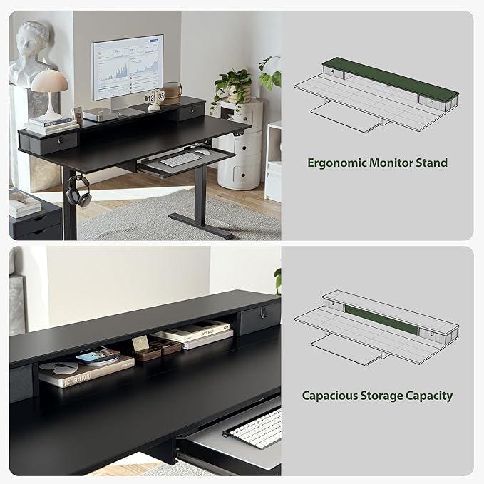 Agilestic Electric Standing Desk with 2 Drawers and Keyboard Tray, 48 x 23 Inches Ergonomic Adjustable Height Desk with Storage, Sit Stand Computer Workstation, Black
