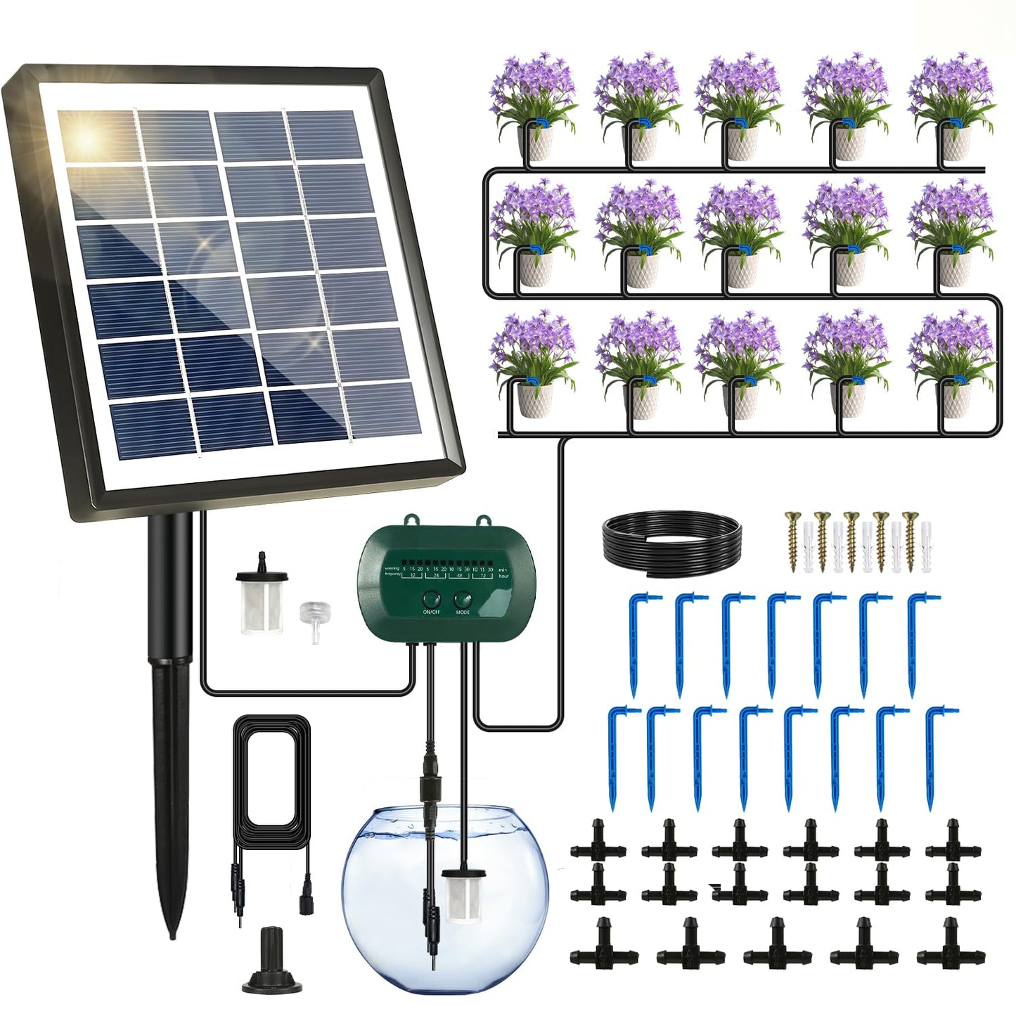 Breeze Touch Solar Drip Irrigation Kit 50FT, Automatic Garden Watering System with Timer, Draws Water from Container, Supports 15 Pots for Balcony, Patio, Indoor & Outdoor Plants
