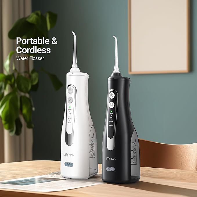 Cordless Oral Irrigator - 4 Modes Water Flosser for Teeth Cleaning, 300ML Reservoir, 360° Nozzle, IPX7 Waterproof, 2000mAh Rechargeable Battery, 4 Jet Tips, Smart Memory Function (M149 - White)