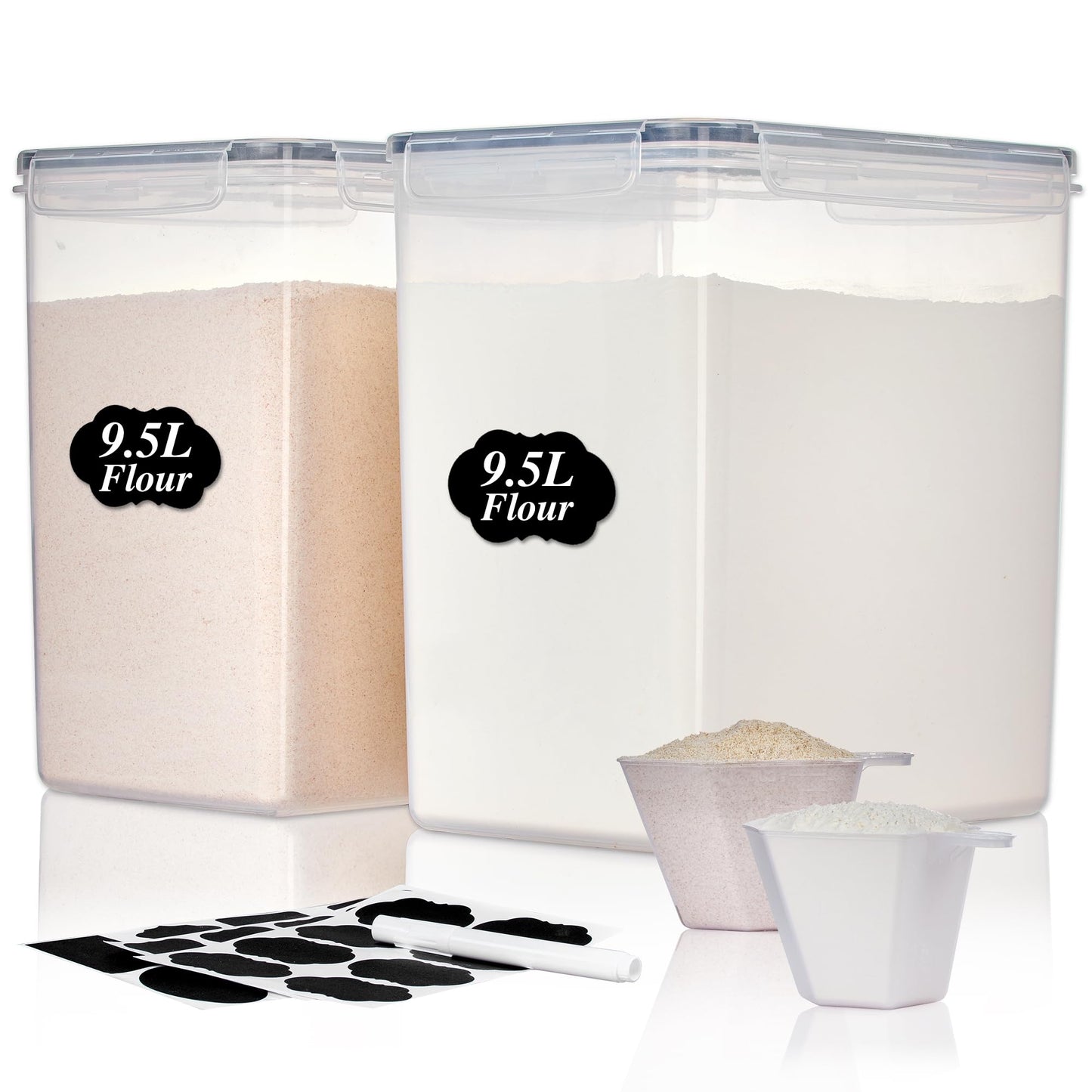 Vtopmart 9.5L 2 Pack Extra Large Flour Sugar Storage Containers for 25lbs flour, Airtight Kitchen Pantry Organization Canisters with Lids for Bulk food, Rice, Baking Supplies, BPA Free, Black