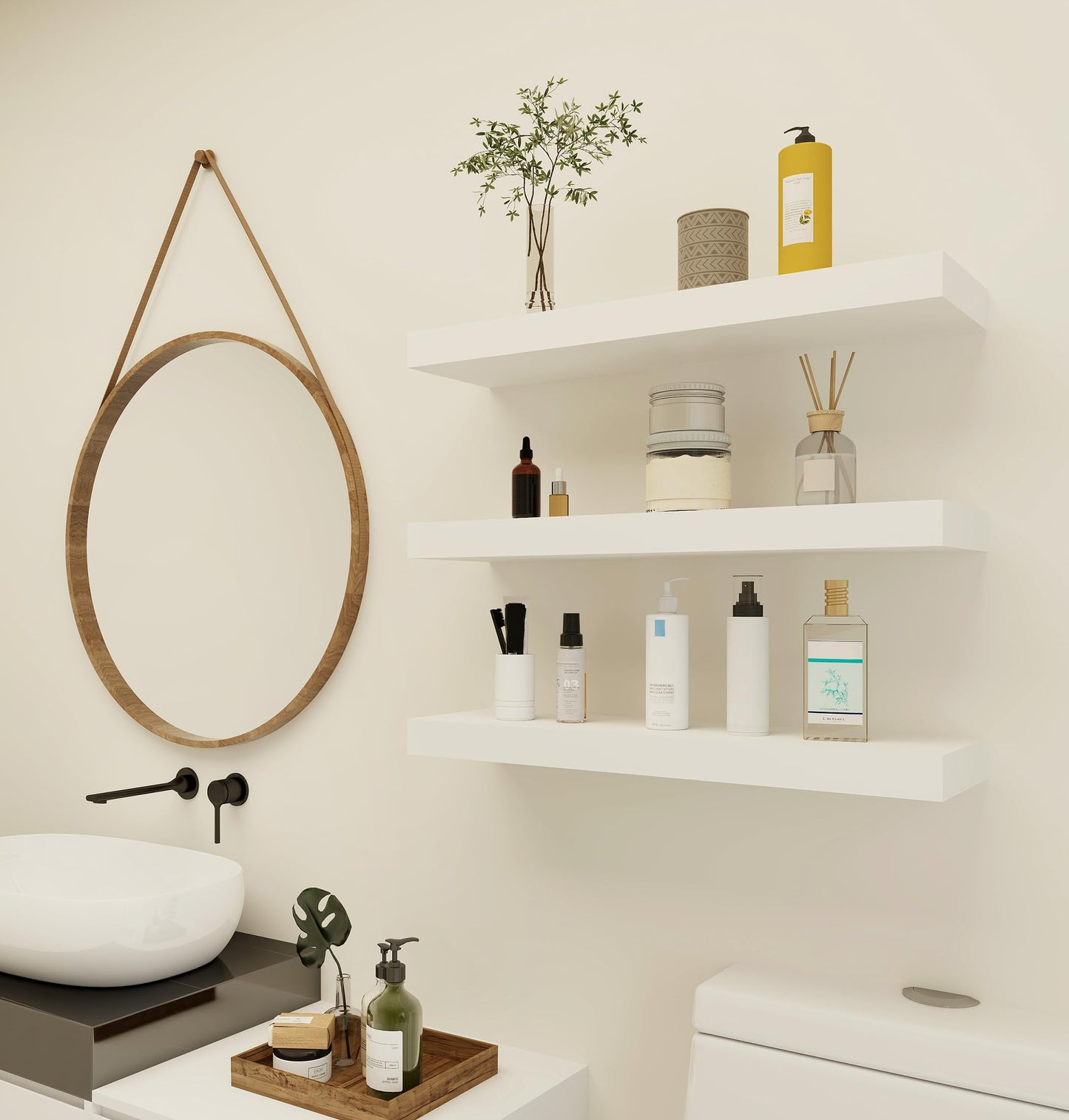 Vervida® White Floating Shelves for Wall, 24" Rustic Wood Deep Wall Mounted Shelves with Invisible Brackets for Decor & Storage, Floating Shelf for Living Room, Bathroom (Set of 3)