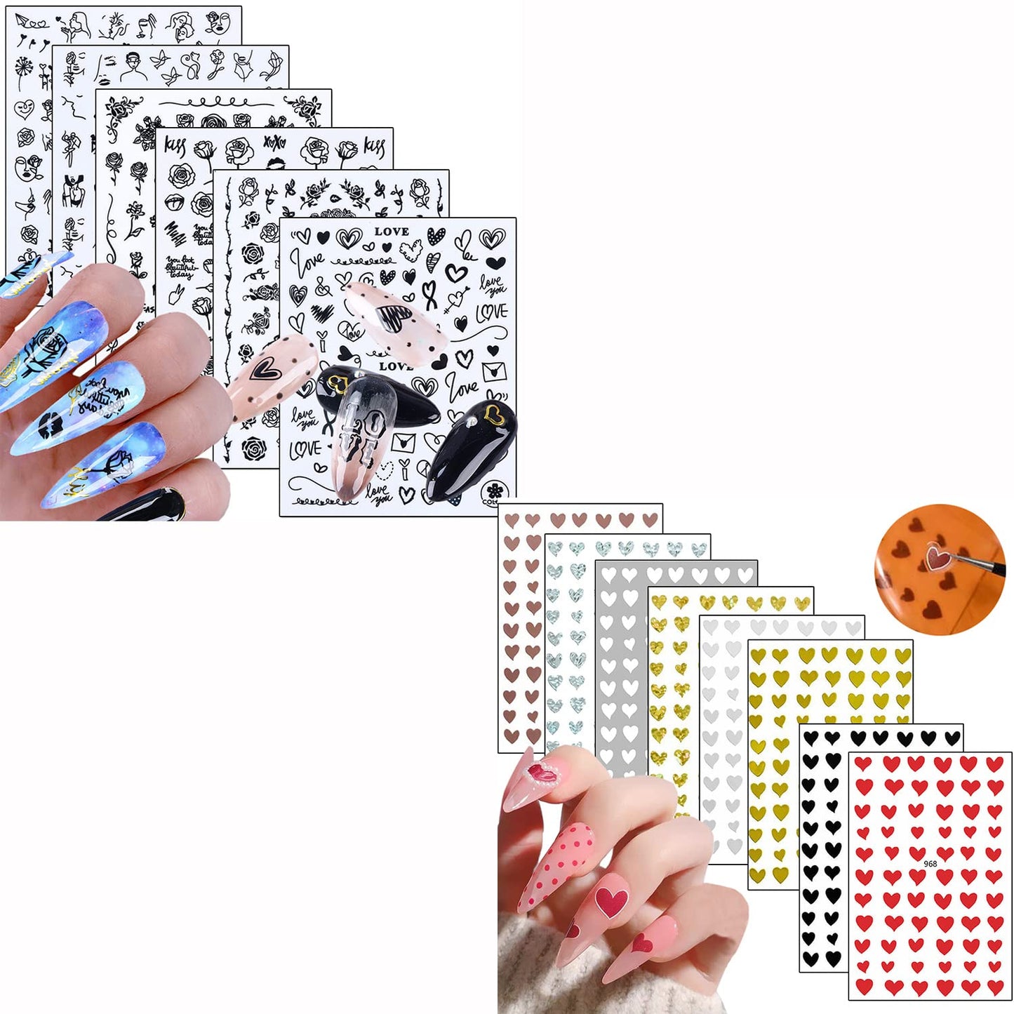 6 Sheets Rose Nail Stickers and 8 Sheets Heart Nail Stickers