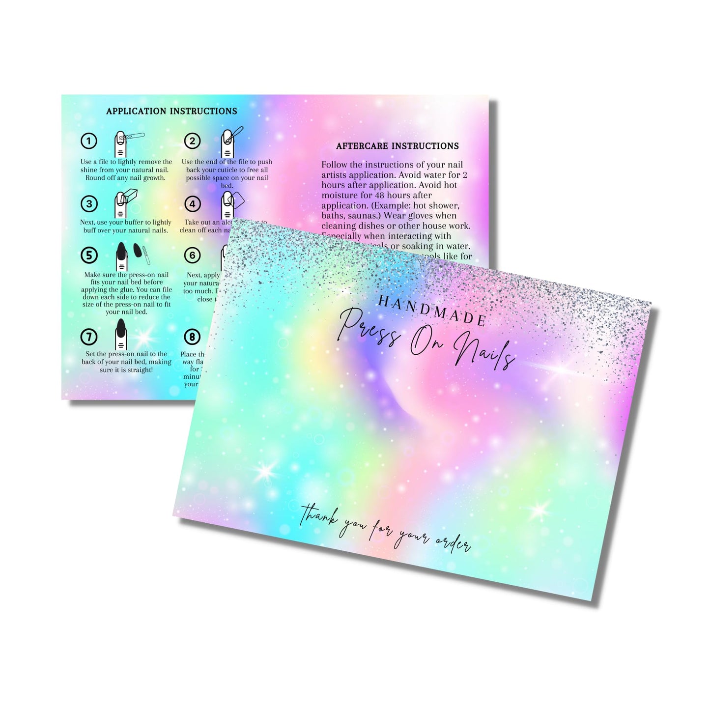 Lashicorn Handmade Press On Nails Display Card | 5x7” 30 pk w/Application Aftercare Instructions - Inserts Add To A Holographic Bags & Can Use With Double Sided Tape