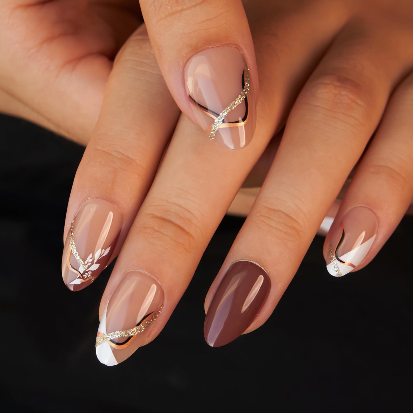 Curvlife Medium Press On Nails Kit - Full Cover False Almond Press on Nail Tips with Golden Line and Leaf Designs, Reusable & Glue Included - Easy Application Nail Accessories for Women