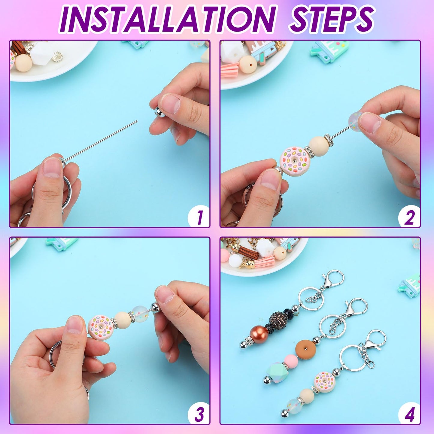 Sasylvia 60 Pcs Beadable Keychain Bars Bulk Making Kit 20 Beaded Keychain 20 Bag 20 Thank You Cards for DIY Keyrings Charms(Silver)