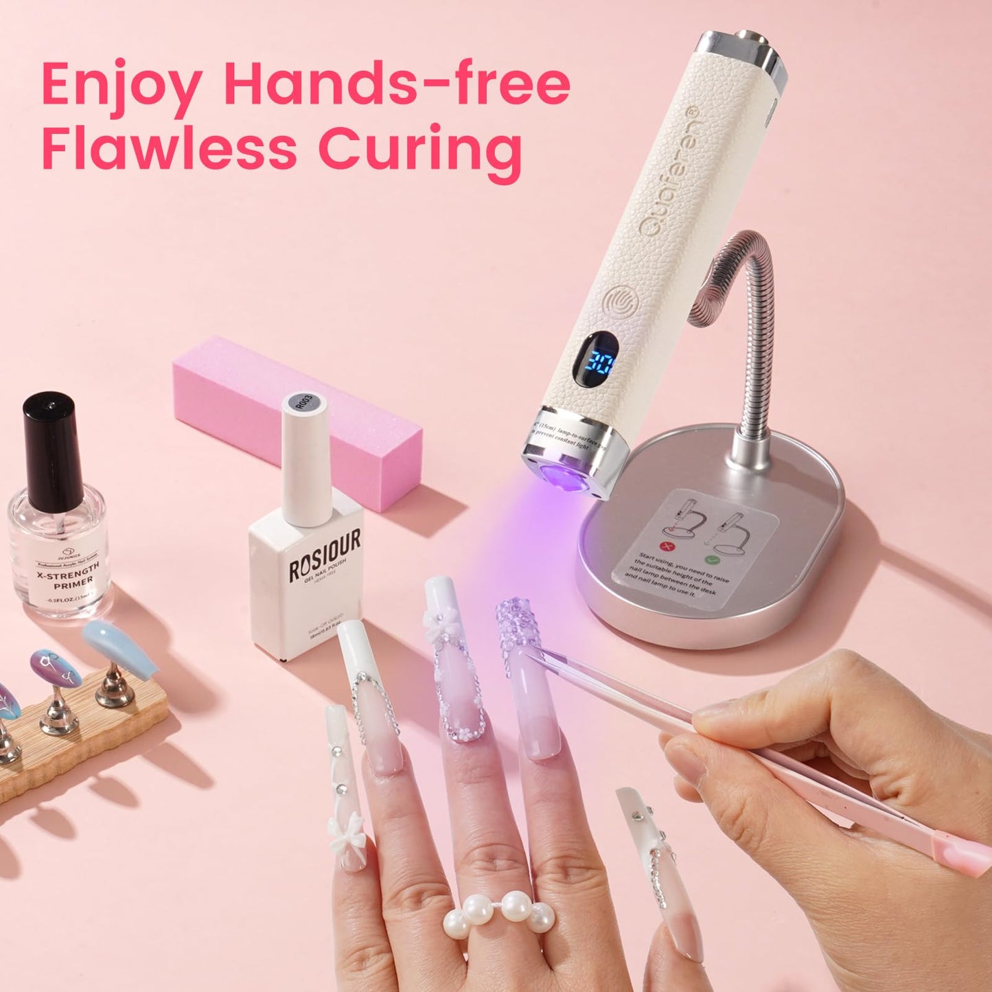 Quaferen Mini Handheld UV Light for Gel Nails with Stand, Rechargeable Flash Cure Nail Lamp with Auto Sensor, Cat Eye Magnet for Fast Drying at Home Salon (White)