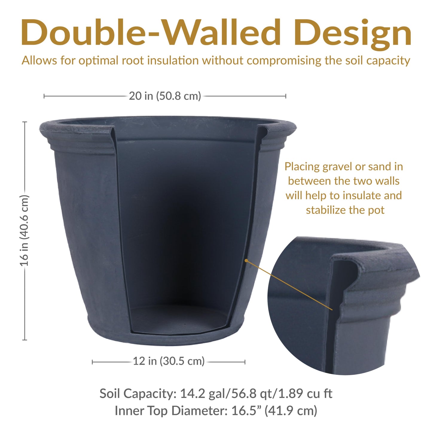 Sunnydaze 20-Inch Anjelica Large Plastic Pot for Plants - Outdoor Double-Walled Large Plastic Planter with Drillable Drainage Holes - Slate - 2pk