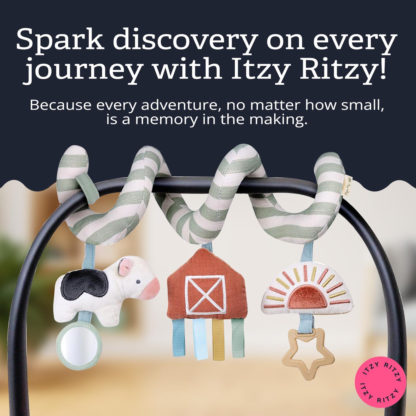 Itzy Ritzy Spiral Car Seat & Stroller Activity Toy - Stroller & Car Seat Toys for Ages 0 Months and Up - Hanging Toys Include Dangling Ring, Mirror and Textured Ribbons (Farm)