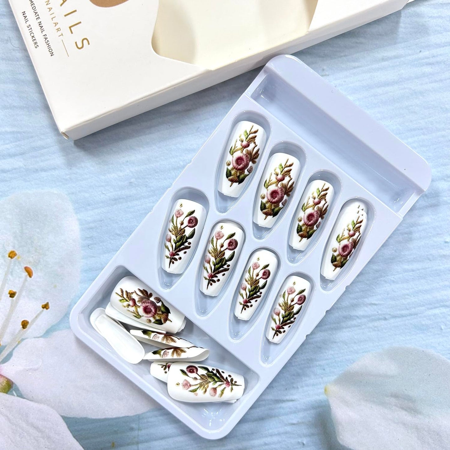 Pastel Embroidery Press on Nails Medium Ballet Shaped False Nails Flower Acrylic Nails White Stick on Nails Floral Embroidery Design Coffin Nails 24Pcs Full Cover Artificial Glue on Nails for Women