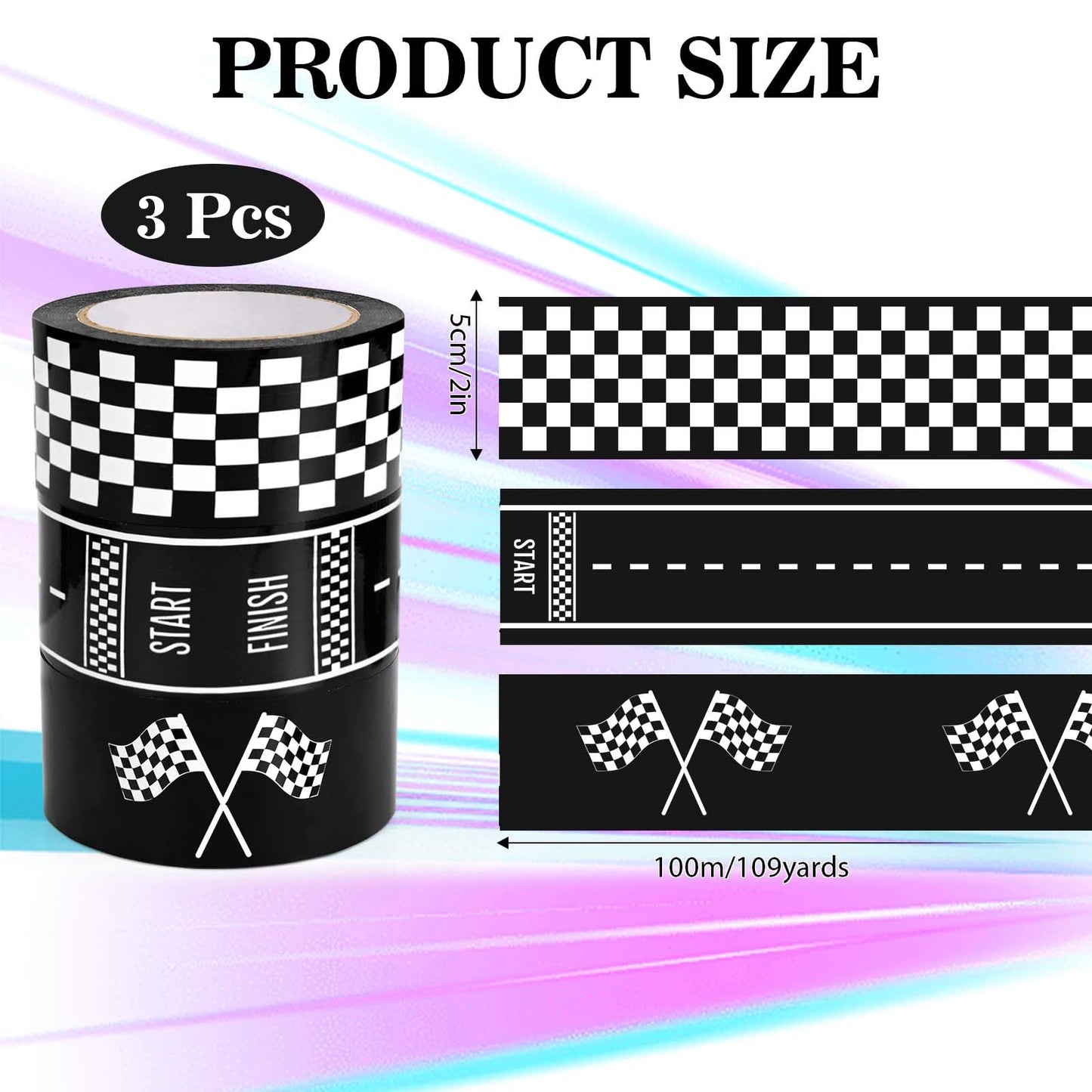 3 Rolls Black White Checkerboard Road Car Track Tape Checkered Flag Race Track Decorative Tapes for Box Scrapbook DIY Crafts Party Decorations,2Inches x 109Yards