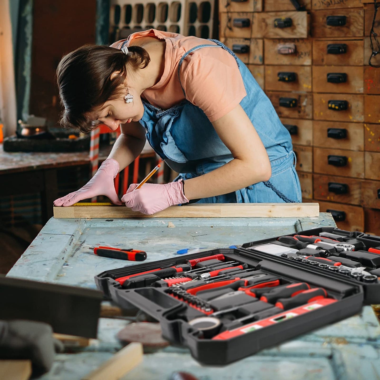 Yougfin 120 Piece Basic Tool Set General Household Hand Kit with Plastic Toolbox Storage Case Red & Black for Men &Women