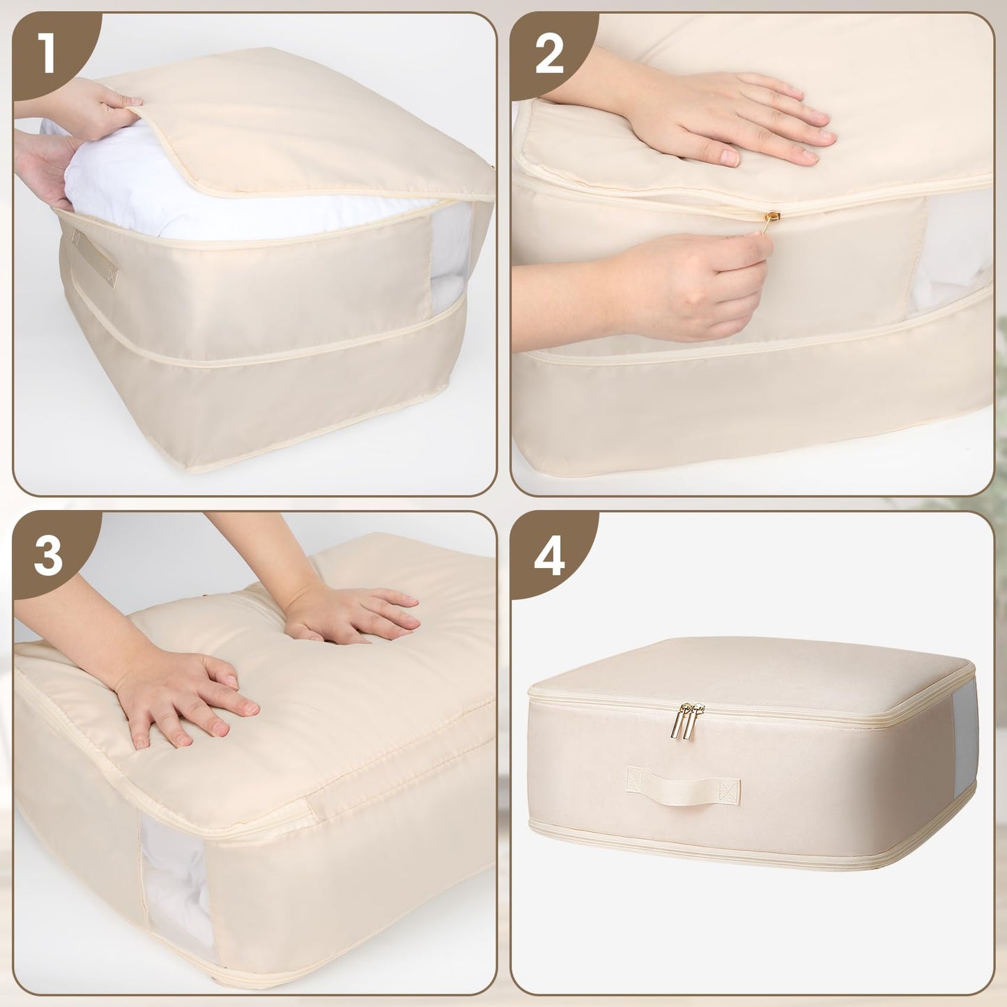 4 Pack Comforter Storage Bag, 68L Blanket Storage Bags Self Compression Comforter Organizer and Storages, Space Saving Washable Compression Bags for Blanket Bedding Pillow Duvet Quilt, Beige