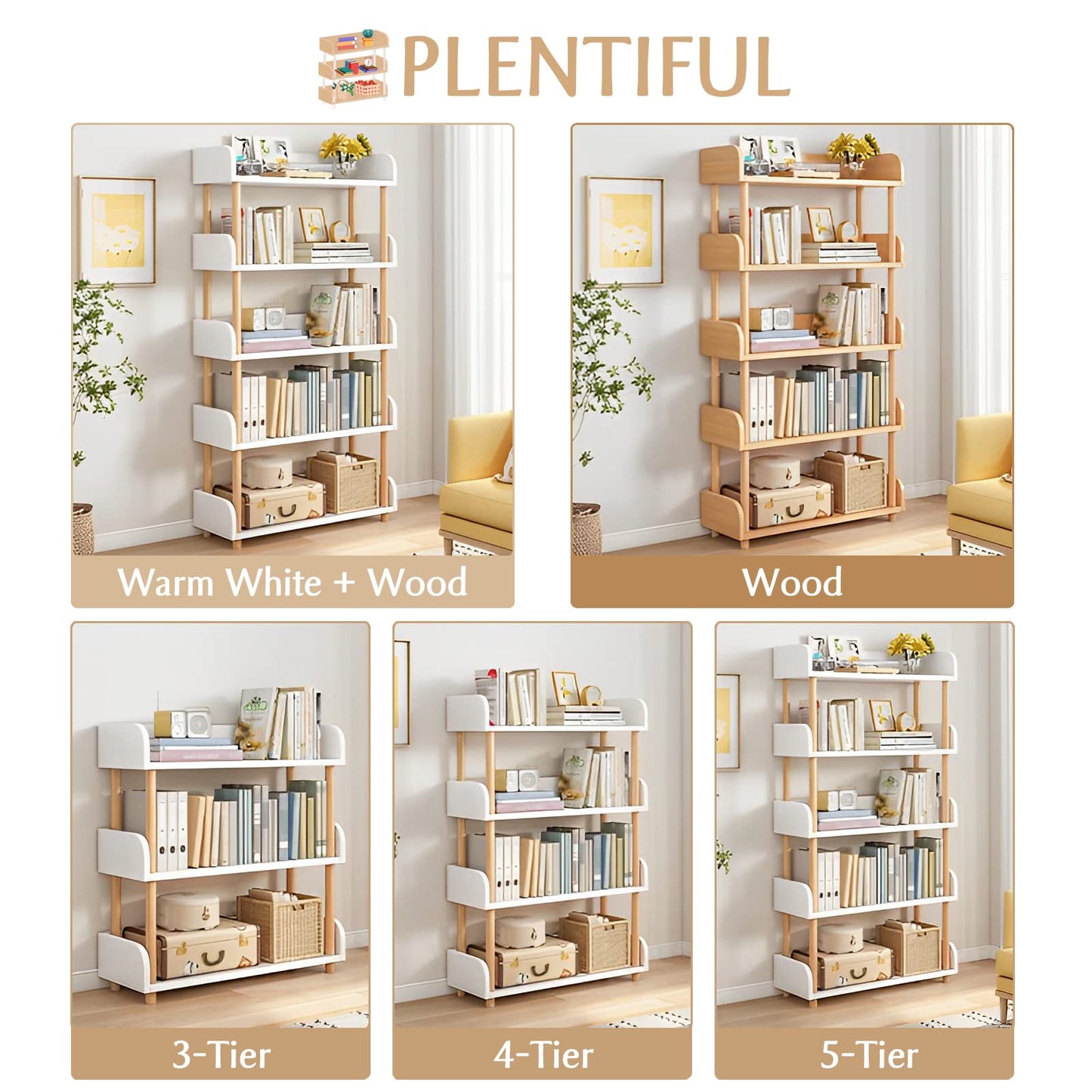 OSCHF 4-Tier Wooden Open Bookcase - Modern Display Bookshelf with Top Edge and Solid Wood Frame for Home and Office, Storage Cabinet, Warm White