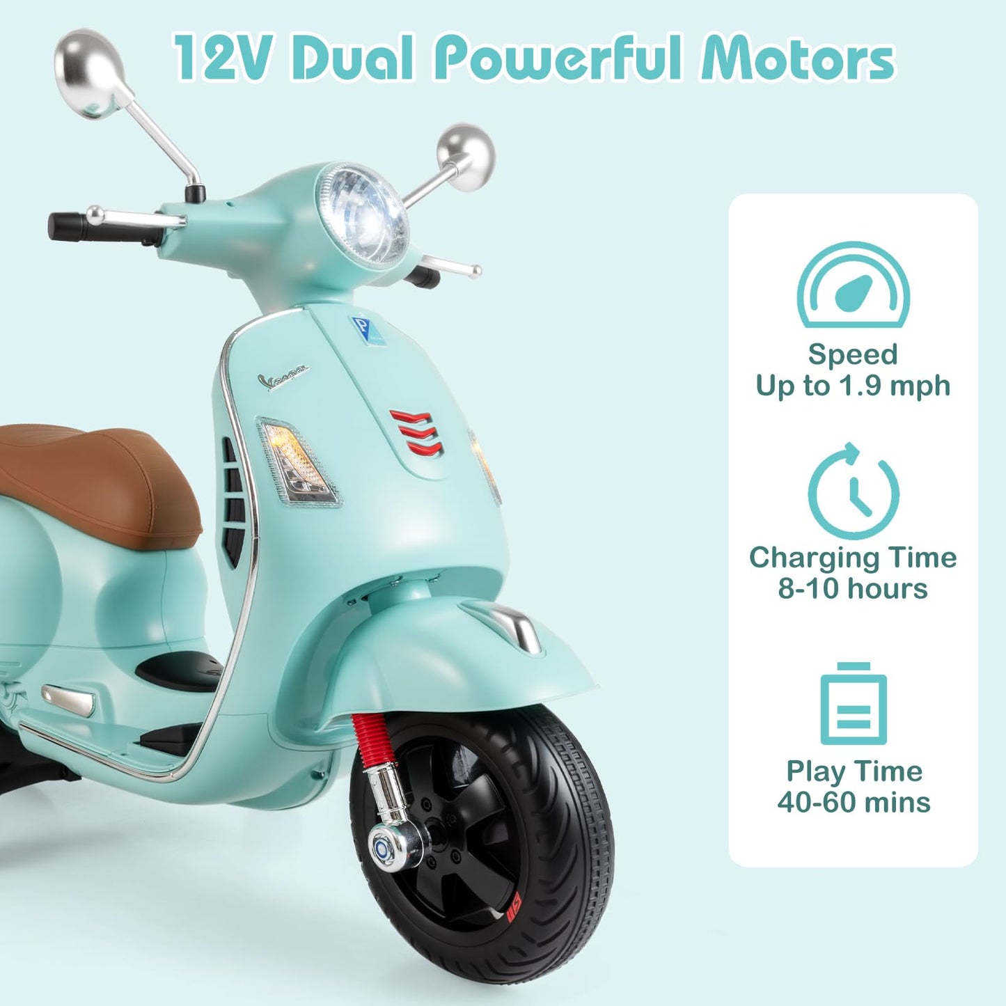 Licensed Vespa Scooter Kids Motorcycle by OLAKIDS, 12V Ride on Electric Motorcycle with Training Wheels LED Lights Music Story Mode Horn (Green)