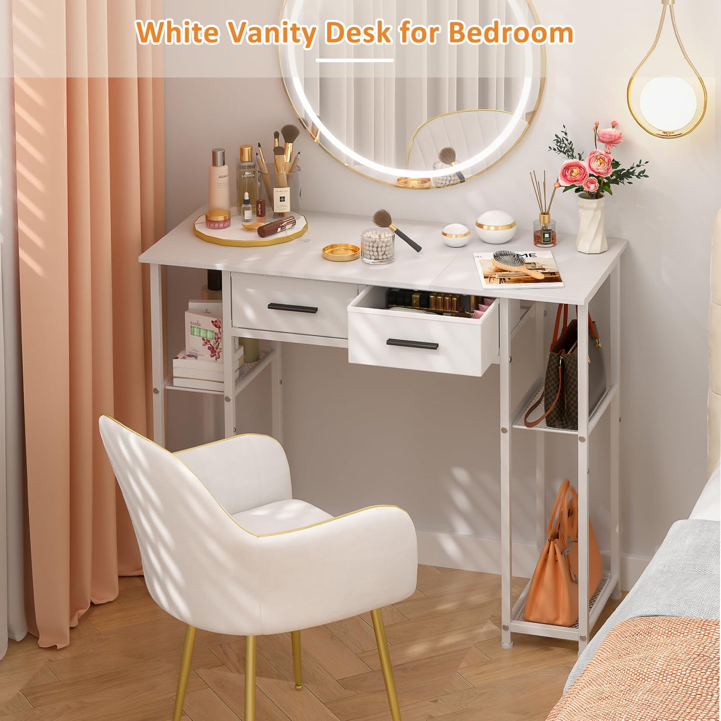 DAOUTIME White Computer Desk with Drawers, 37.3 Inch Home Office Work Desk with Storage Shelf, Kids Teens Study Table for Small Space, Small Writing PC Table for Bedroom Makeup Vanity Desk