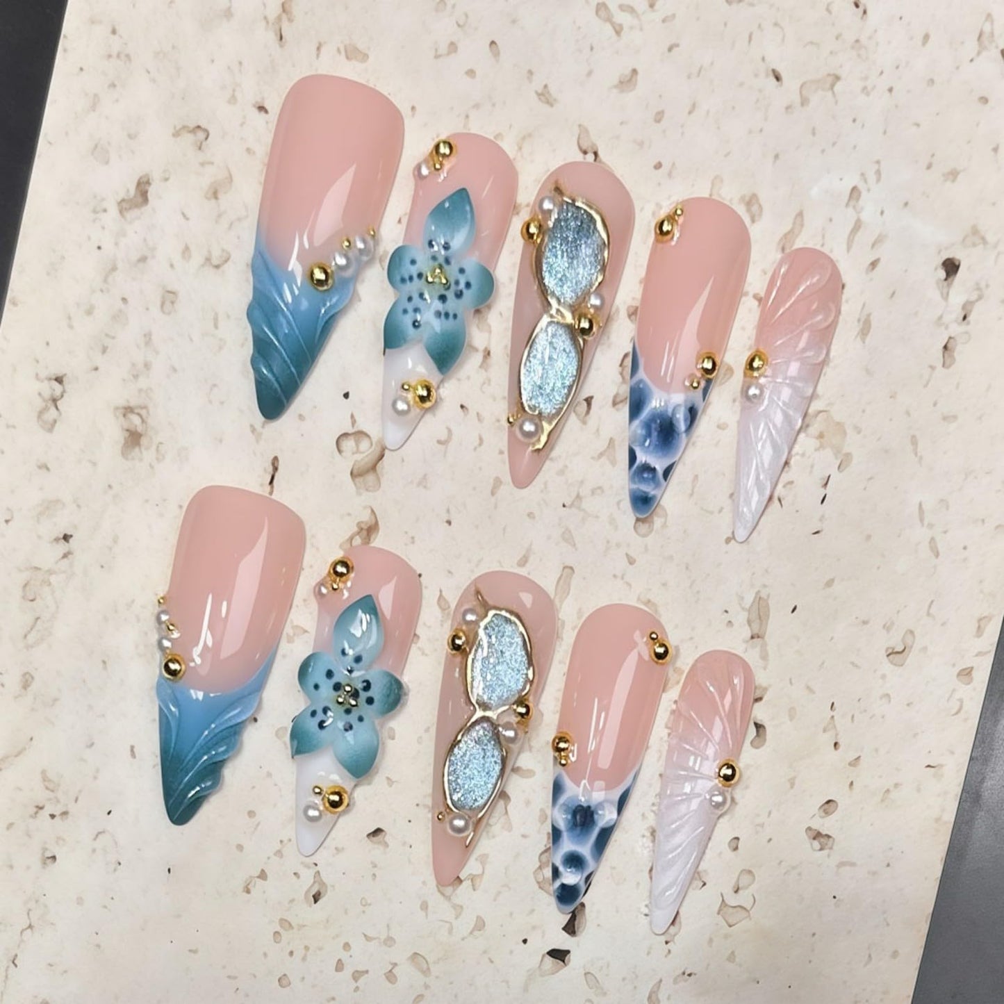 Handmade Almond Press on Nails Long Tip False Nails Summer French Tip Nails Press Ons with 3D Flowers Design Reusable Fake Nails Luxury Full Cover Stick on Nail for Women Manicure 10Pcs (Size M)
