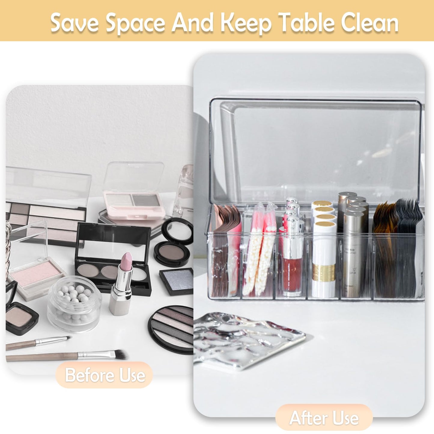 EOREA Acrylic Lash Extension Organizer with Lid, 6 Compartment Lash Cart Storage for Lash Techs, Clear Secure Lid Eyelash Supplies Organizer for Salon & Home Use