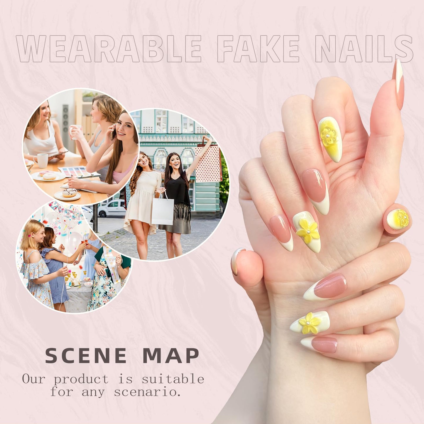 100% Handmade Press-On Nails,3D Flower & Leopard French Tips,Glossy Nude Medium Almond Shape | Spring/Summer DIY False Nails | Reusable Nail Art(10PCS-M)