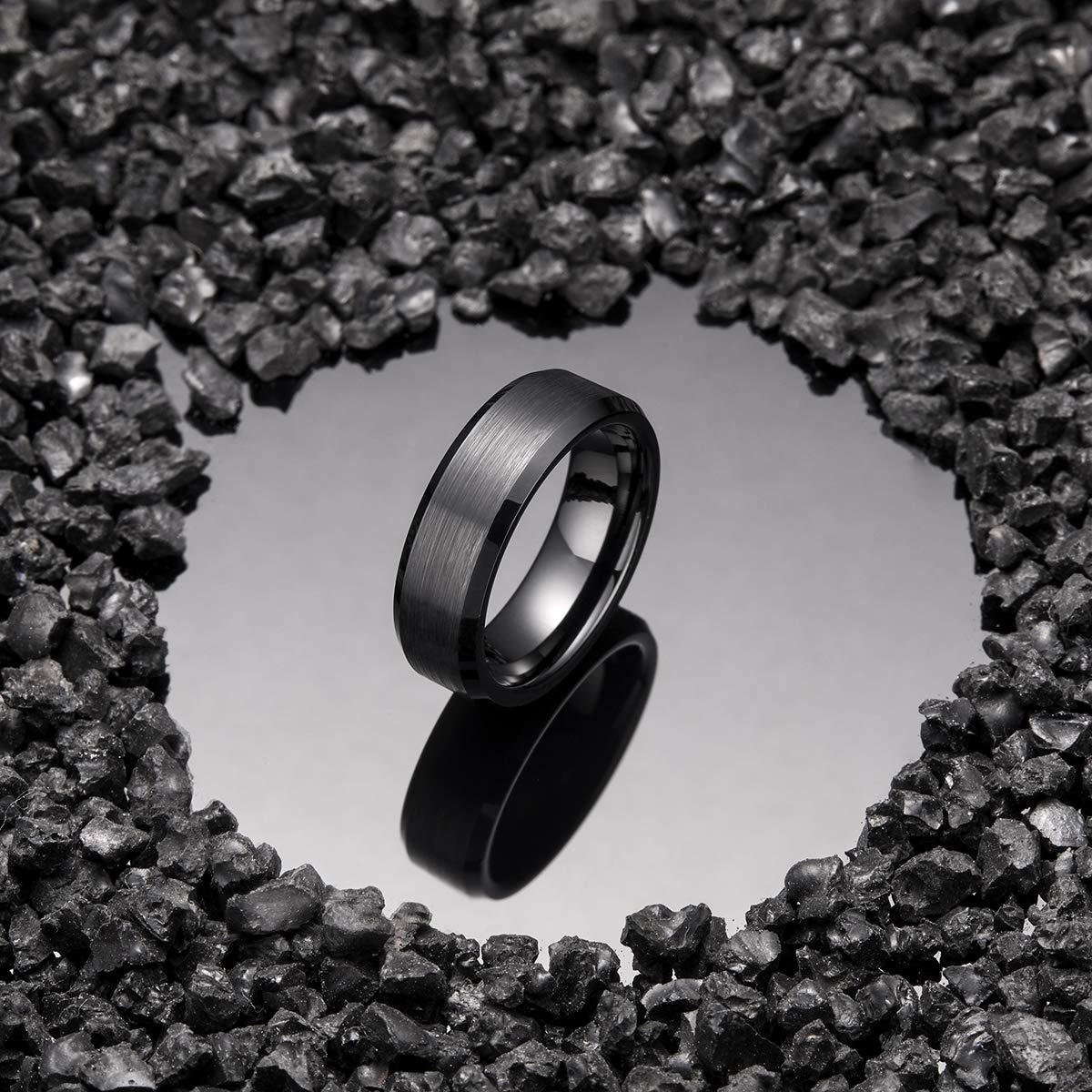 King Will 7mm Men's Black Wedding Ring - Brushed Matte Surface, Beveled Polished Edge, Comfort Fit Size 6