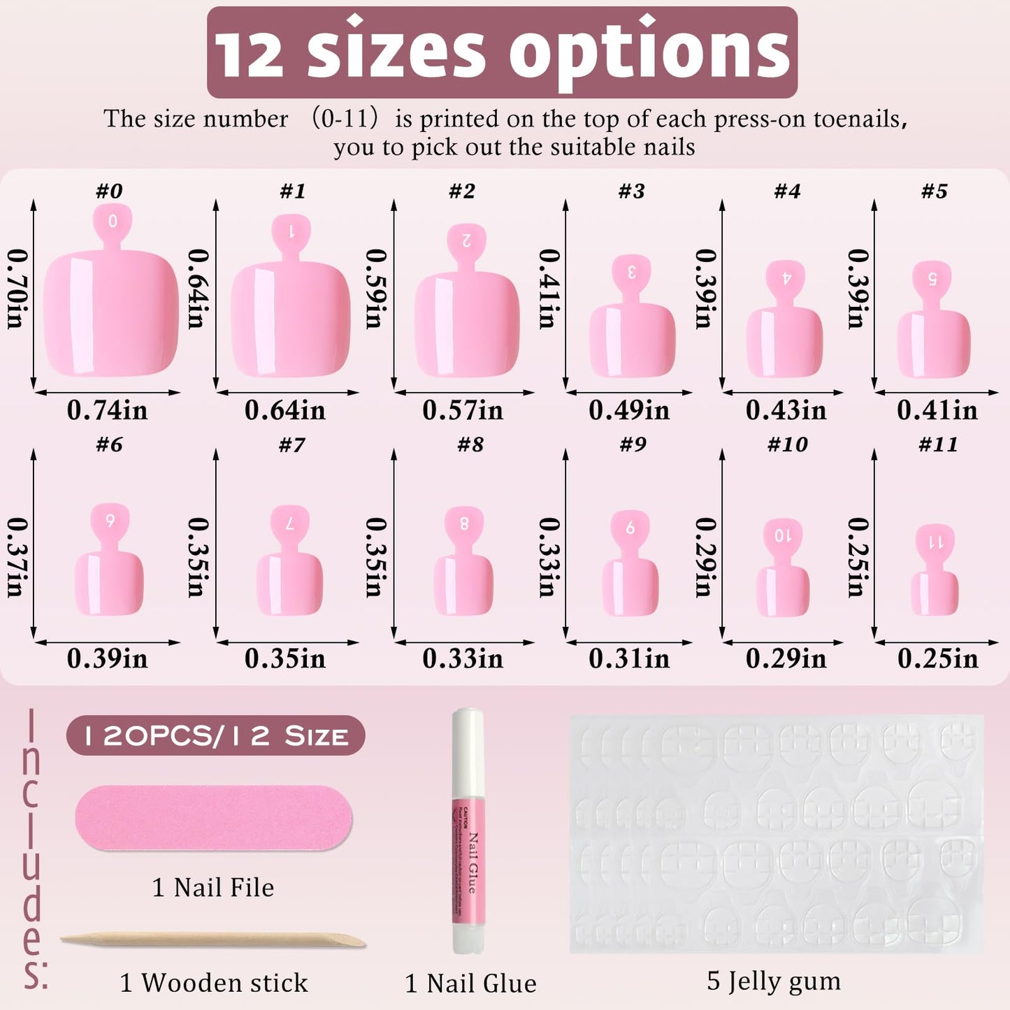 120pcs Pink Press on Toenails for Women,Short Square Fake Toe Nails,12 Sizes False Toenails with Nail Glue and Adhesive Tabs